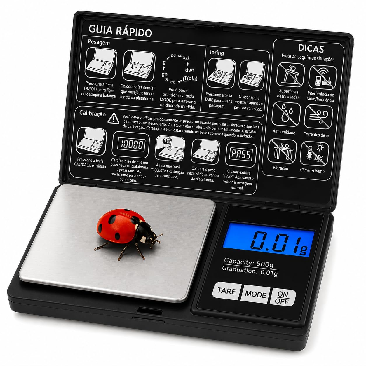 Balança Digital de Precisão 0,01g a 500g Compacta e Portátil com Visor LCD