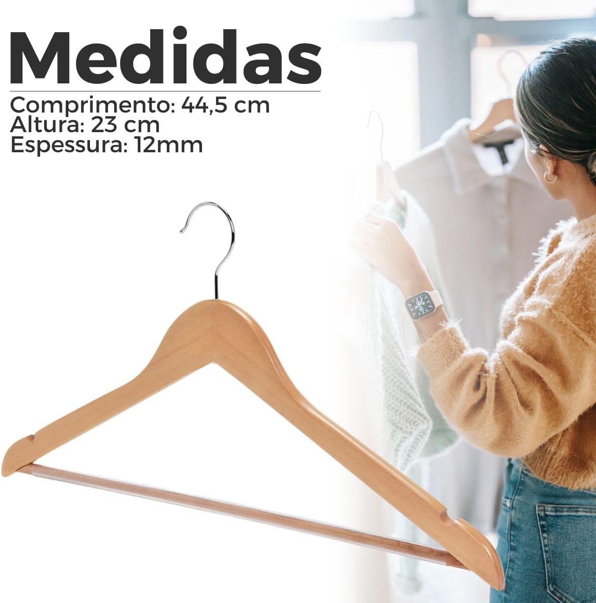 Cabide de Madeira Maciça Reforçado Marfim - Suporta até 5kg — foto 3