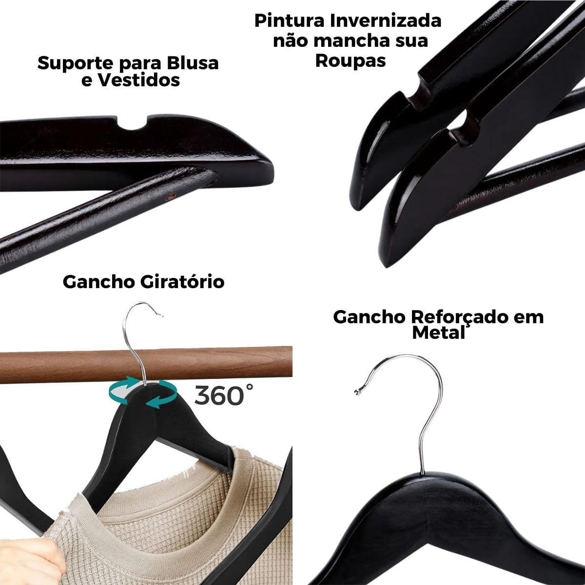 Cabide de Madeira Maciça Reforçado Marfim - Suporta até 5kg — foto 4