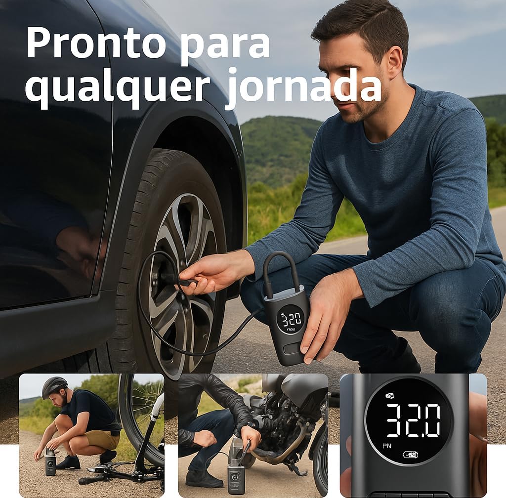 Calibrador Compressor Bomba de Ar Portátil Digital com Lanterna LED - Enche Pneus de Carro, Moto, Bike e Bolas