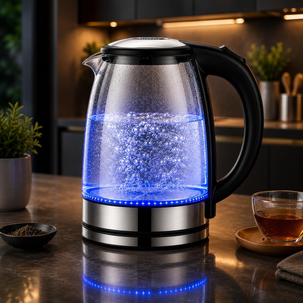Chaleira Elétrica de Vidro 1,8L 220V com LED Azul - Desligamento Automático e Base 360°