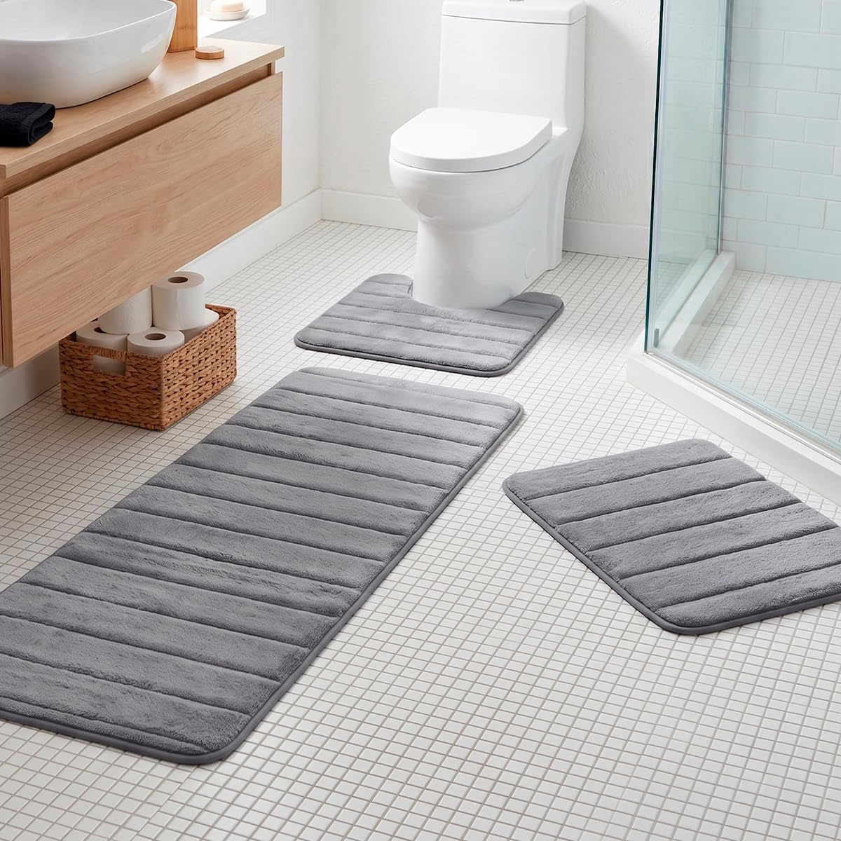 Decolab Jogo de Tapetes para Banheiro Completo - Antiderrapante e Ultra Absorvente - 3 Peças Cinza Escuro