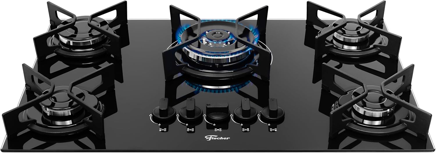 Cooktop Fischer Fit Line 5 Bocas Tripla Chama Trempe Iron Mesa Vidro Preto Bivolt