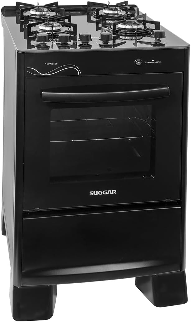 Fogão a Gás Suggar Neo Glass Preto 4 Bocas com Mesa de Vidro