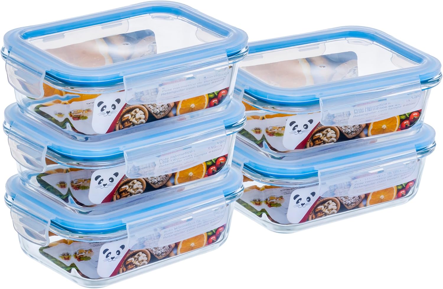 Gato Panda Kit de Potes de Vidro Retangular com Tampa Hermética 640ml - Azul (5 unidades)