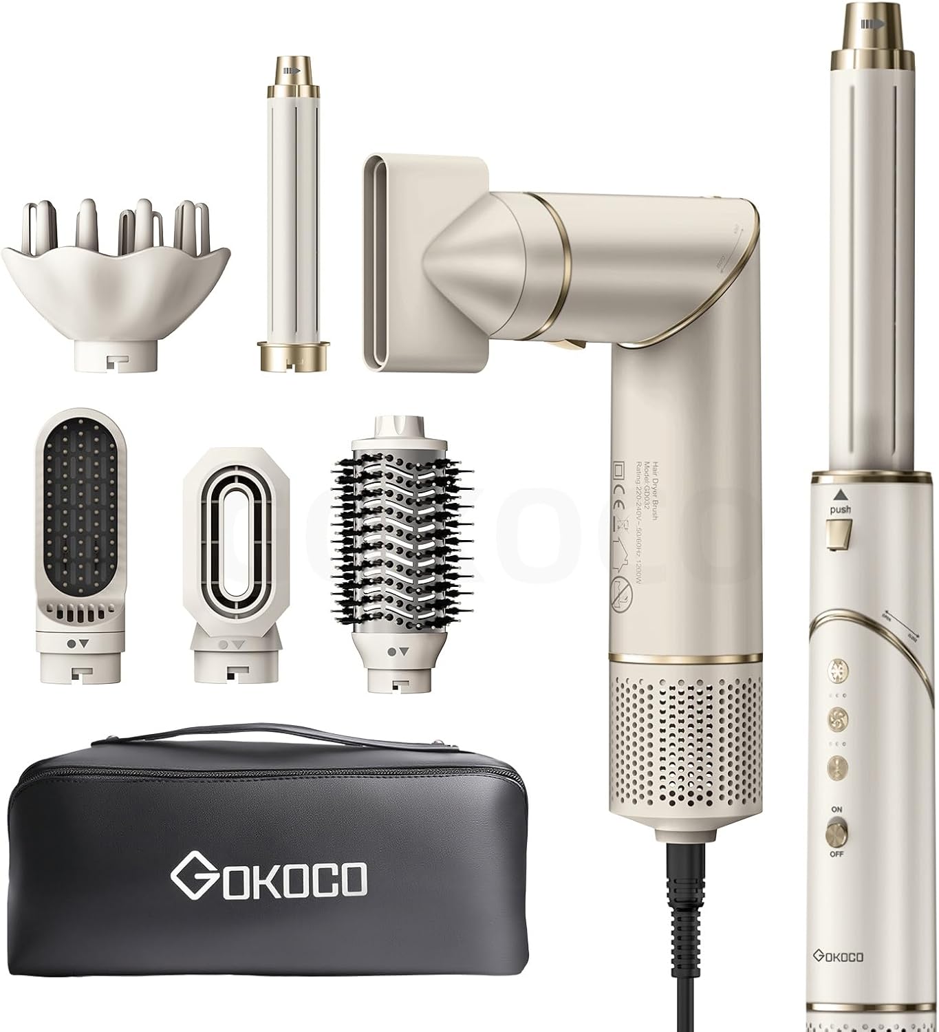 GOKOCO Secador de Cabelo 7 em 1 GD032 Dourado - 127v/110v com Acessórios Inclusos