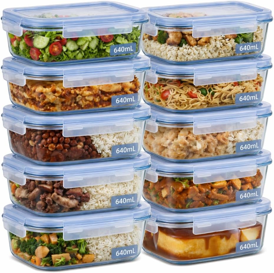 Kit 10 Potes de Vidro Herméticos 640ml com 4 Travas para Marmitas e Conservação de Alimentos