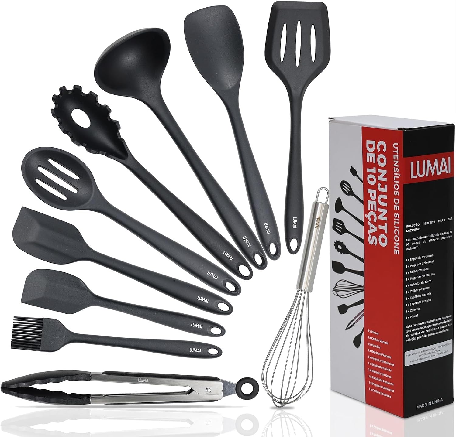 Kit 10 Utensílios de Cozinha LUMAI Silicone e Aço Inox Preto
