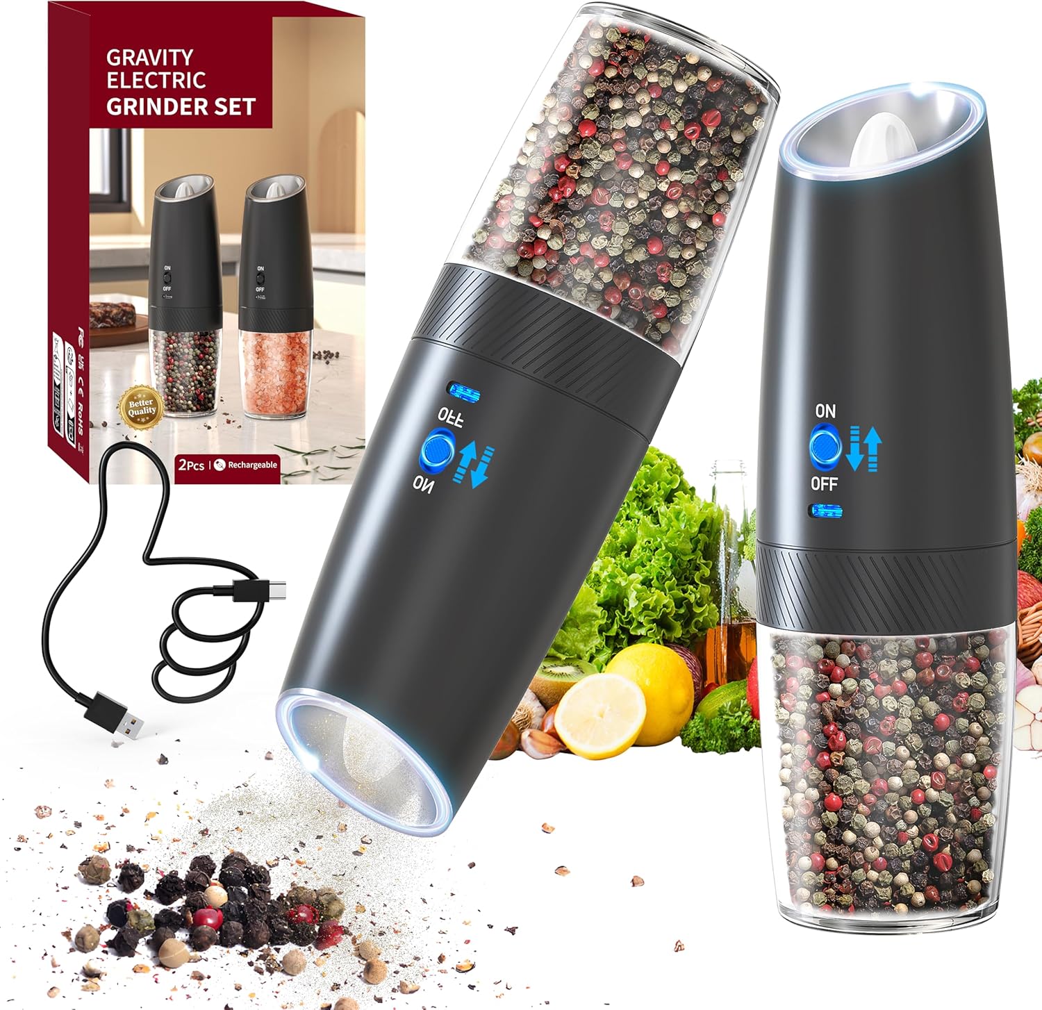 Moedor de Pimenta Elétrico Recarregável USB com Luz LED